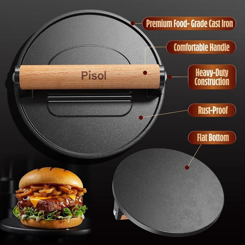 Smash Burger Press, Pre-Seasoned Cast Iron Hamburger Smasher, 2 Lb Heavy-Duty Gr gallery