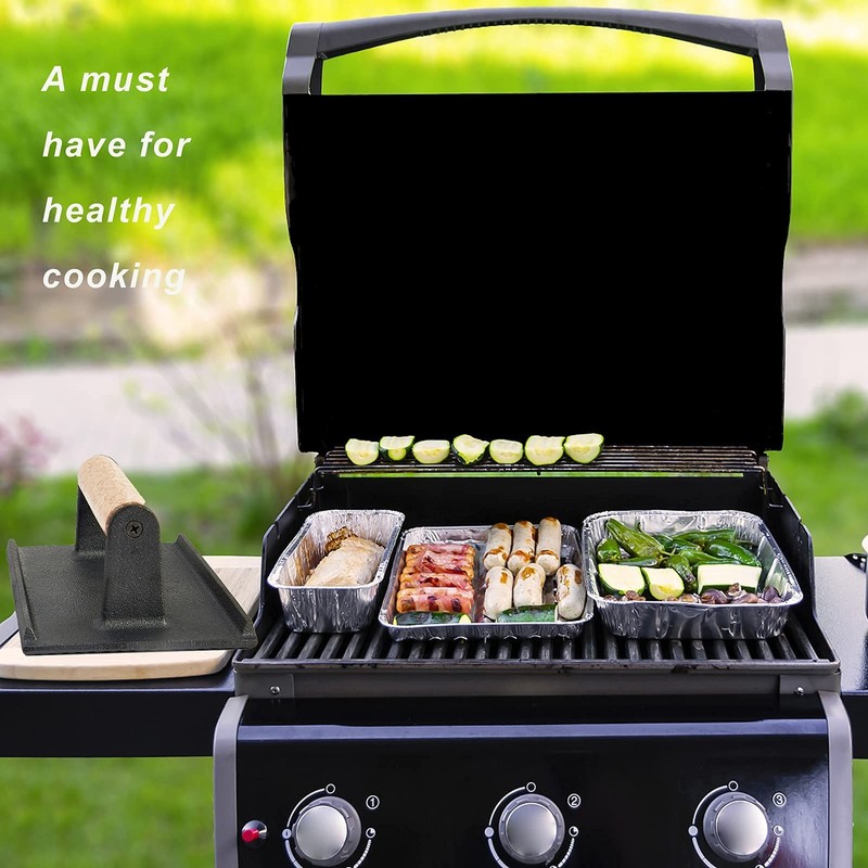 Pre Seasoned Cast Iron Grill Press Wooden Handle Bacon Steak 8x4 In 1 PCS gallery