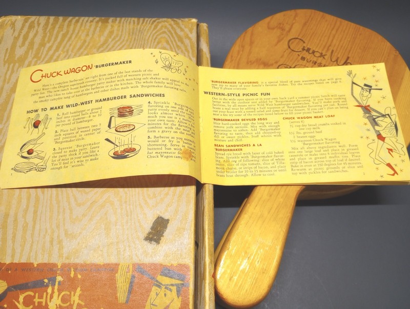 Vintage Chuck Wagon Wood Burger Press Maker Kit With Original Box & Recipe Book gallery