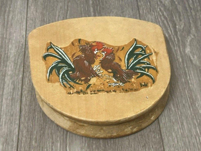 Vintage Wooden Hamburger Press Hand-Painted Folk Art Fighting Roosters Chicken gallery