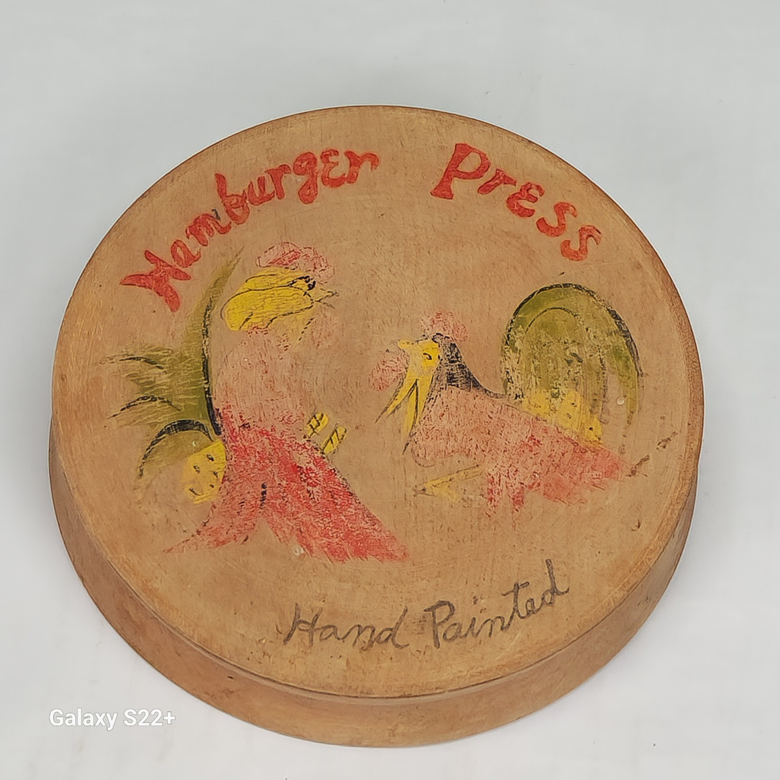 Vintage Japanese BURGER PRESS Hand Painted Hinged Wooden Red Green Roosters gallery