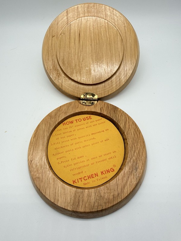 Vintage Wooden Hamburger Press Hinged Kitchen King MCM Rooster gallery