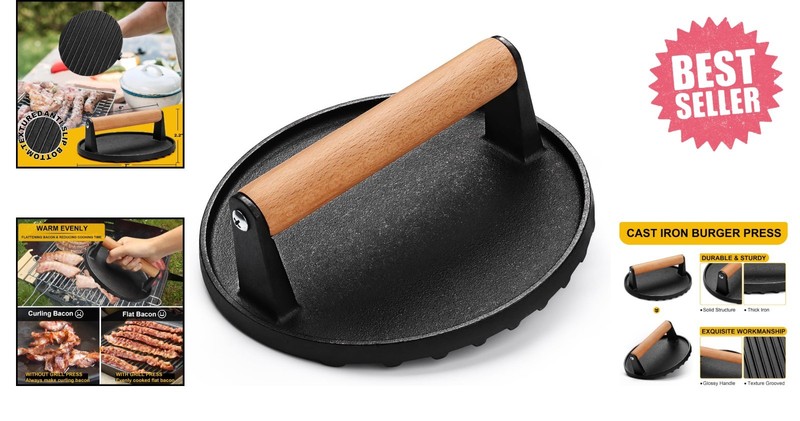 Heavy Duty 6.9-Inch Cast Iron Grill Press with Wood Handle - Perfect for Bacon gallery
