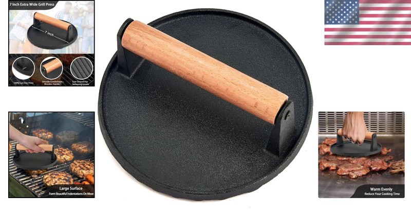 7-Inch Heavy-Duty Cast Iron Burger Press with Wooden Handle - Ideal for Grilling gallery