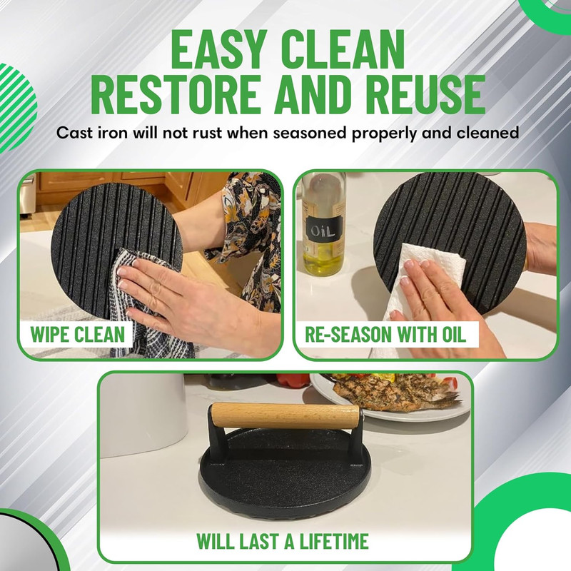 Cast Iron Burger Press, Pre-Seasoned Grill Smasher with Wood Handle gallery