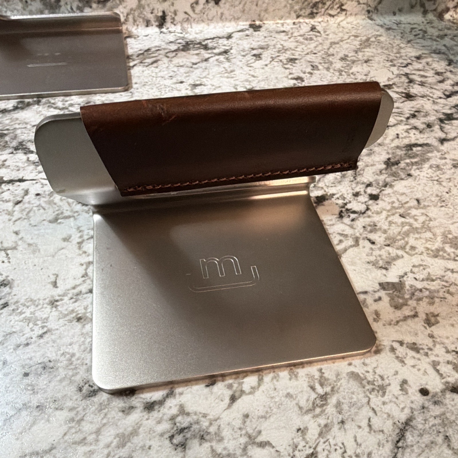 Made In 5.5” Metal Grill Press, Stainless Steel w/ Brown Leather Handle gallery