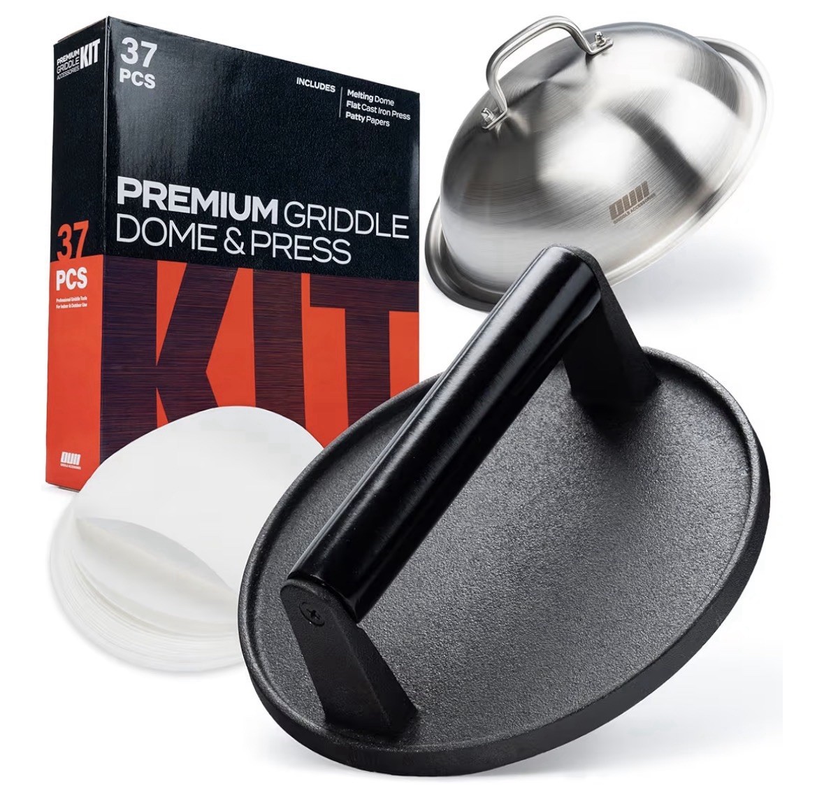 Smash Burger Press Kit– 7''Flat Cast Iron Press & 12”Basting Cover Melting Dome gallery