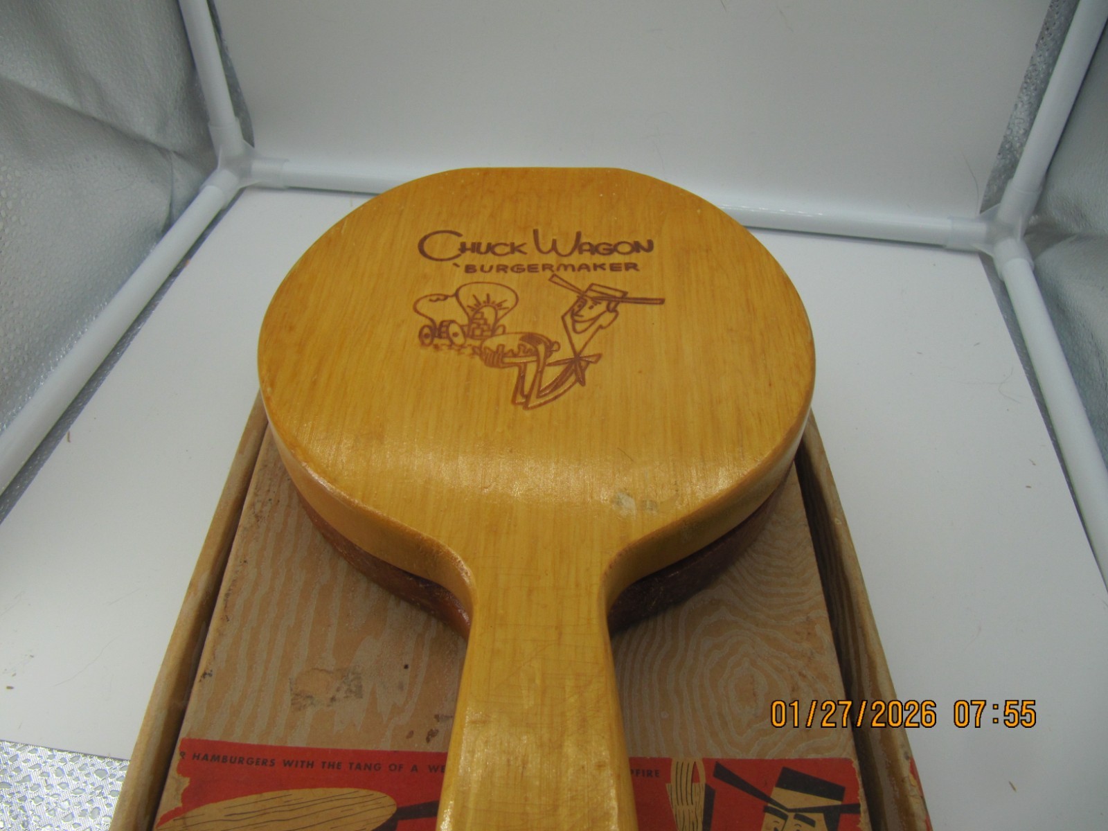 Vintage Chuck Wagon Wood Burger Press Maker Kit with Original Box gallery