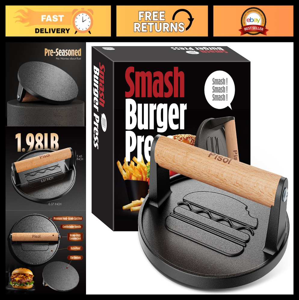 Heavy-Duty Cast Iron Burger Press - Pre-Seasoned Meat Smasher Tool, 6.6