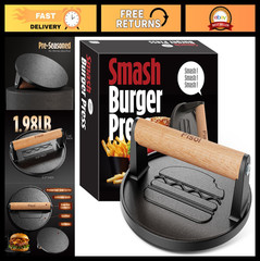 Heavy-Duty Cast Iron Burger Press – Pre-Seasoned Meat Smasher Tool, 6.6