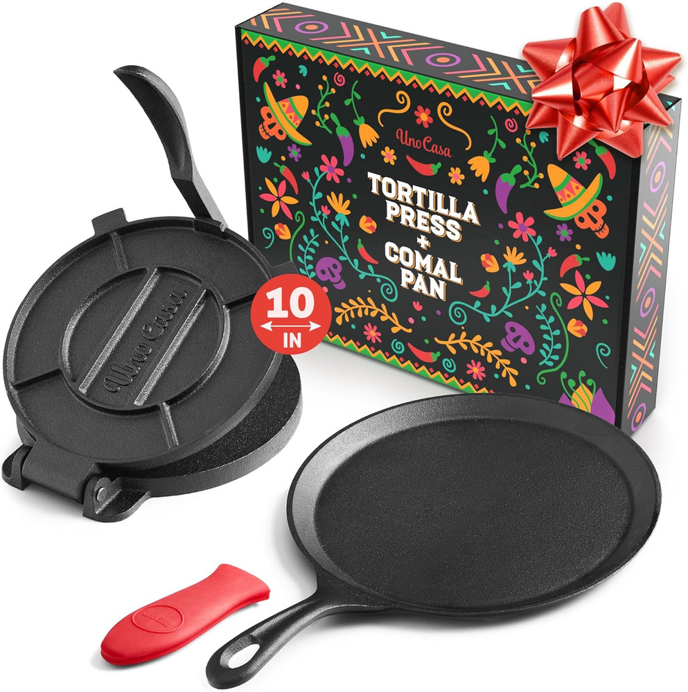 10 Inch Cast Iron Tortilla Press & Comal Pan Bundle - Non-Stick, Heat-Resistant,