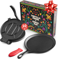 10 Inch Cast Iron Tortilla Press & Comal Pan Bundle – Non-Stick, Heat-Resistant,