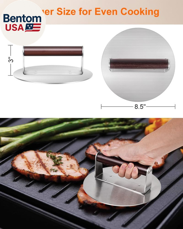 8.5" Stainless Steel Smashed Burger Press, round Flat Edge Grill Press for Crisp gallery