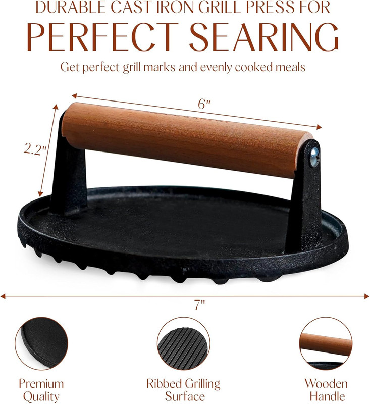 Heavy Duty Cast Iron Smash Burger Press 7" round Grill Press for Cooking Burgers gallery
