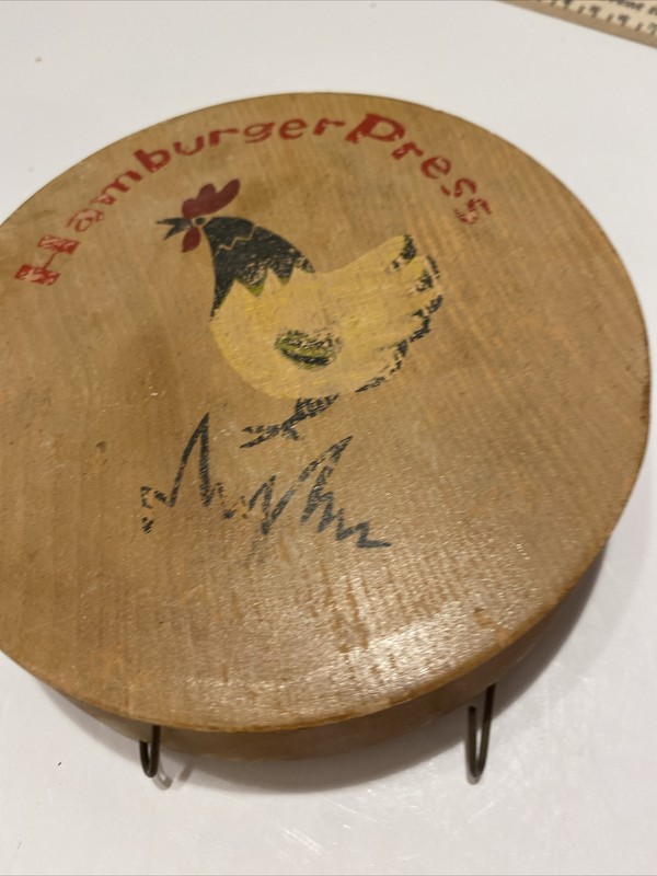 VINTAGE WOODEN HAMBURGER PRESS W/ROOSTER ARTWORK. MADE IN JAPAN. HM gallery