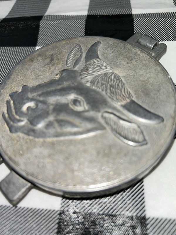 Vintage Farm Decor, Metal Hamburger Patty Press, Cow, Steer, Embossed USA PEWTER gallery