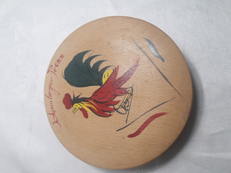 MCM Wooden Hamburger Press Rooster Japan - Excellent Condition. gallery