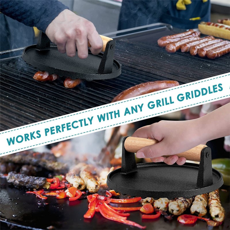 Single Cast Iron Grill Press Heavy Duty 7In Bacon Burger Press with Wooden Ha... gallery