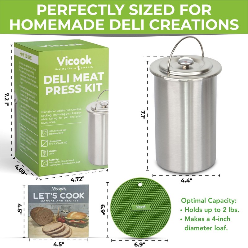 Vicook Deli Meat Press Kit - Stainless Steel Large Standard Size, Silver gallery