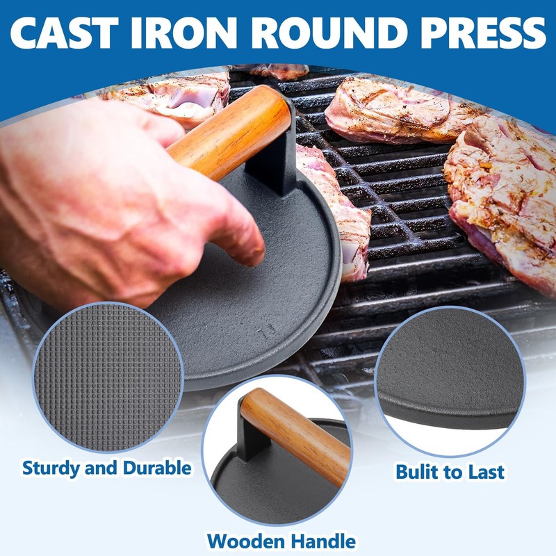 Bacon Press 10" Square & 7" Round Heavy Duty Cast Iron - Perfect for Smashed gallery