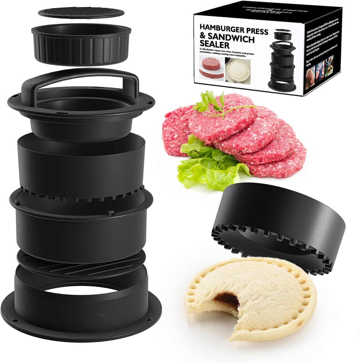 4-in-1 Burger Press Patty Maker, Sandwich Cutter and Sealer Set with 100 pcs... gallery
