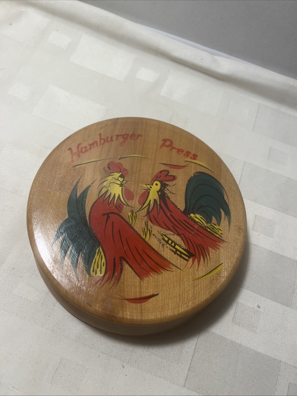 Vintage Wooden Hamburger Press Painted Roosters Made In Japan gallery