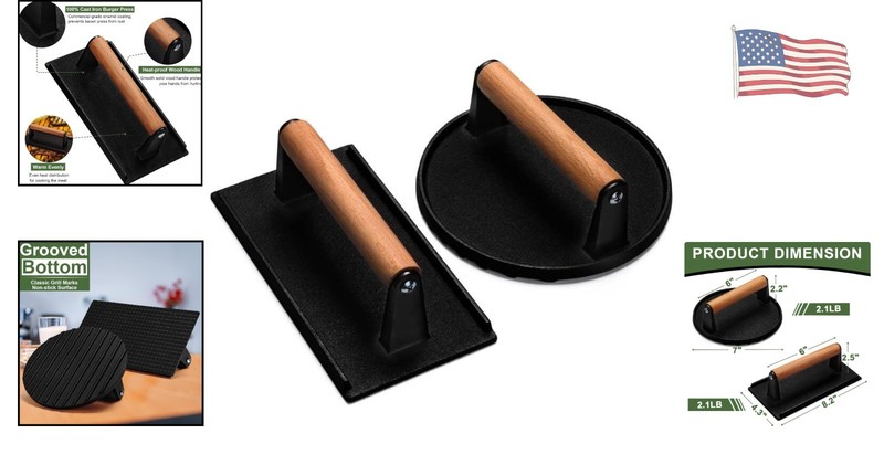 Professional Quality Cast Iron Grill Press - Round & Rectangle for Juicy Meats gallery