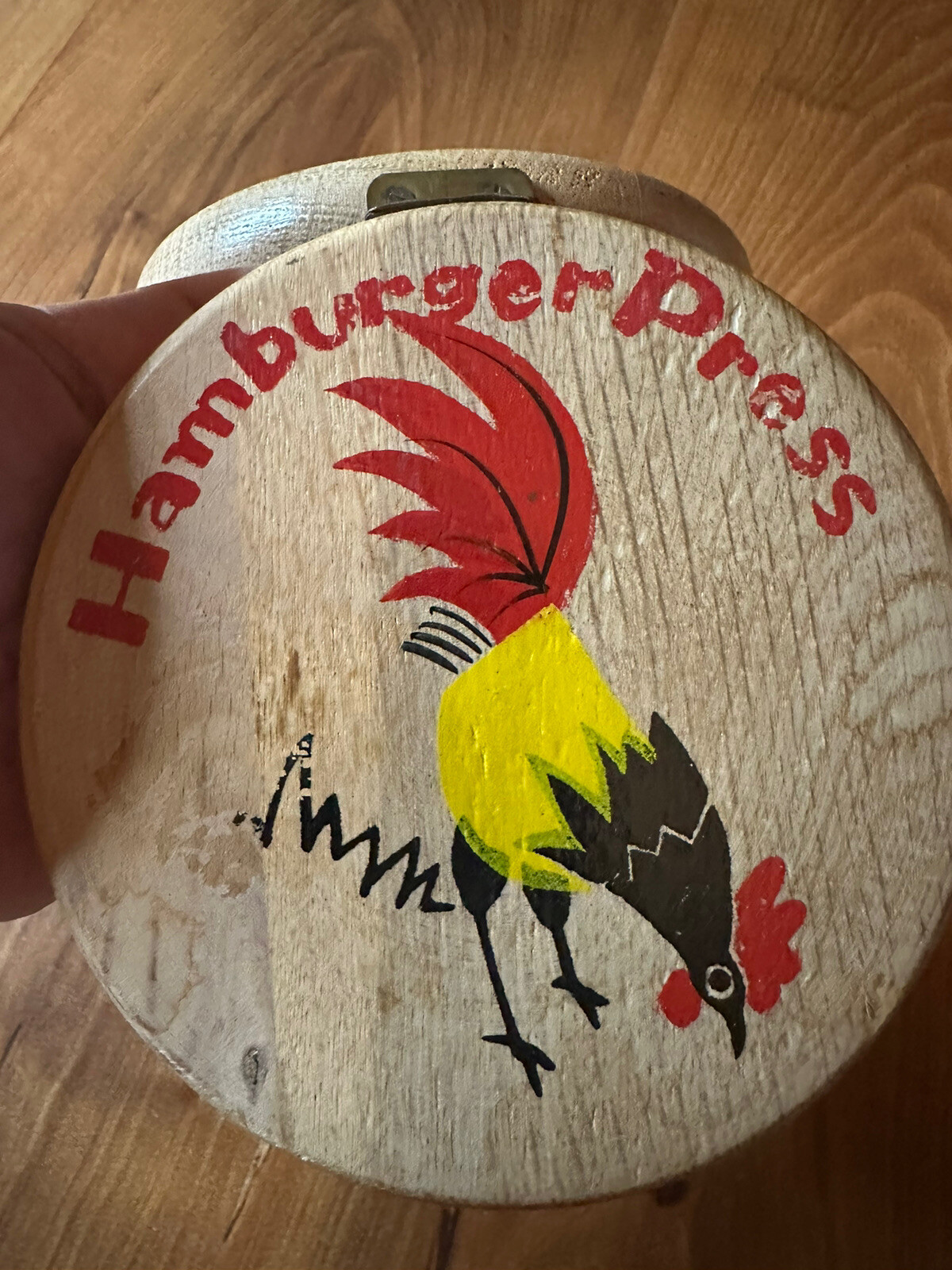 Vintage Wooden Hamburger Press Hand Painted Rooster Japan gallery
