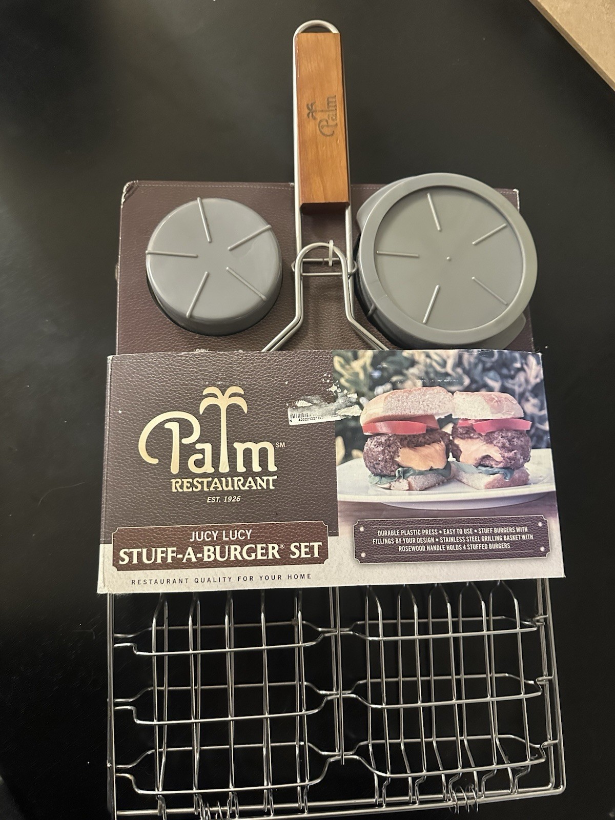 Palm Restaurant Juicy Lucy Stuff-A-Burger Set Sealed New Stainless Basket Press gallery