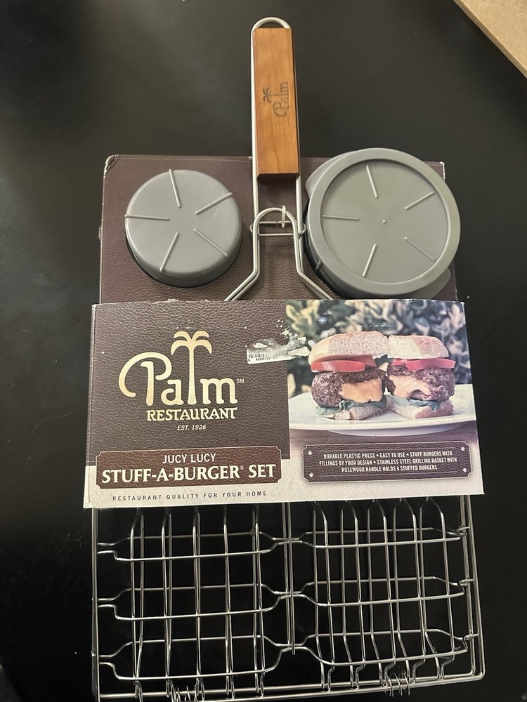 Palm Restaurant Juicy Lucy Stuff-A-Burger Set Sealed New Stainless Basket Press