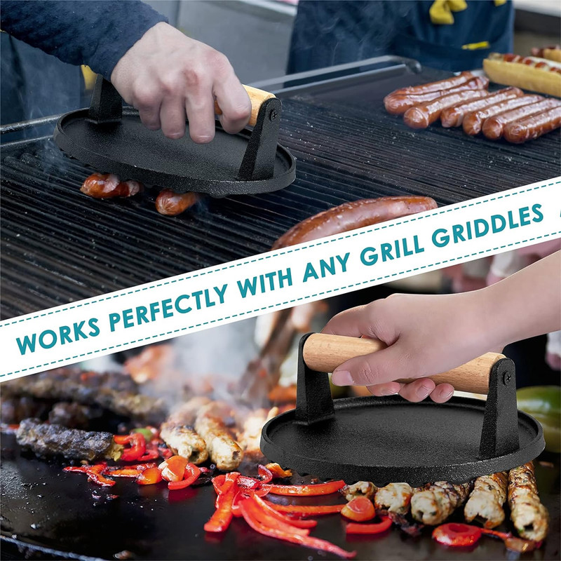 Single Cast Iron Grill Press, Heavy Duty 7In Bacon Burger Press with Wooden Hand gallery