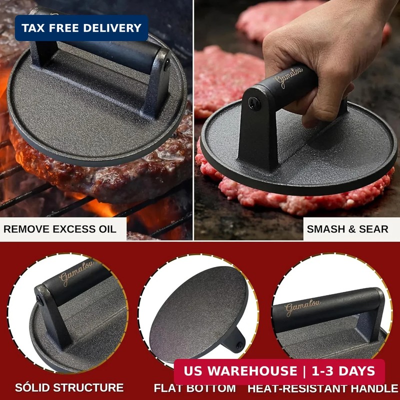 Gamalou® Smash Burger Press Kit: 7" Cast Iron Grill Press, 12" Melting Dome, 3-i gallery