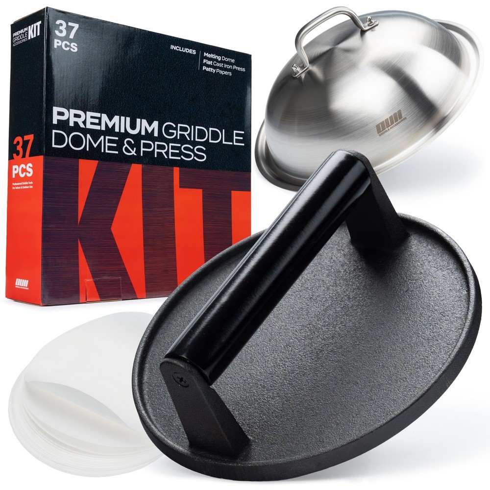 Premium Cast Iron Burger Press Kit - 7 in 35 Patty Papers & Melting Dome Meat