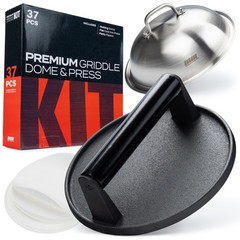 Premium Cast Iron Burger Press Kit – 7 in 35 Patty Papers & Melting Dome Meat