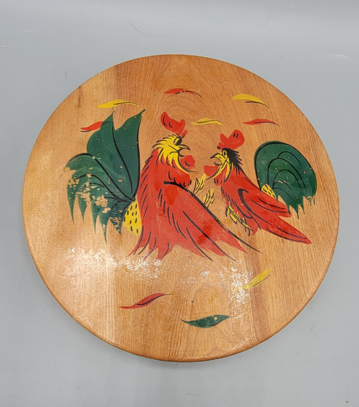 Vintage Wooden Wood Hamburger Patty Press Hand Painted Folk Art Chickens Rooster gallery
