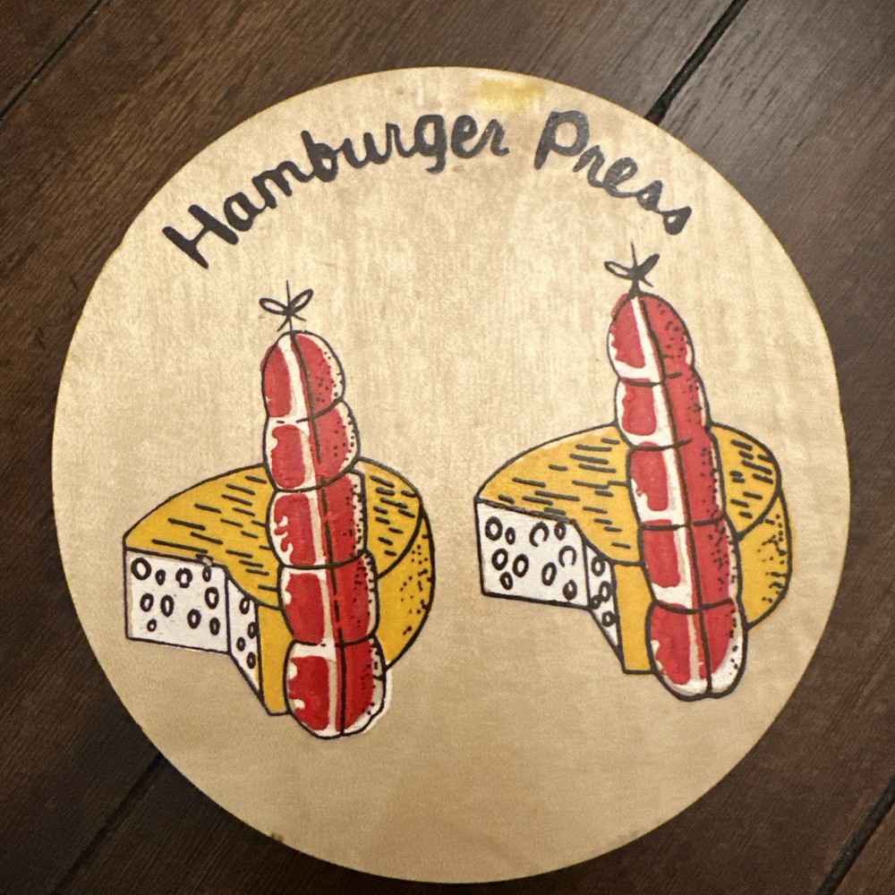 Vintage Wooden Hamburger Press Handheld Manual Sausage And Cheese Graphic Nevco