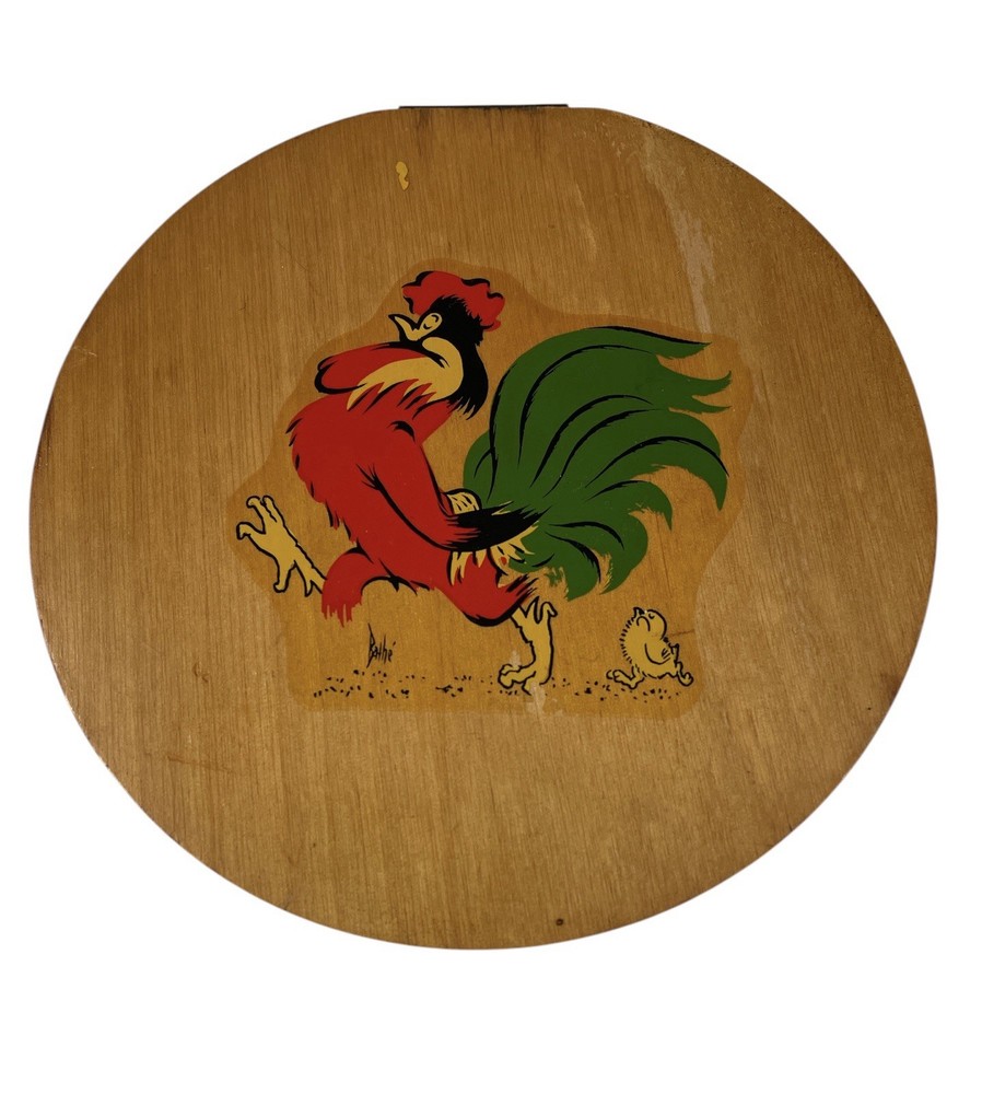 VTG Signed Wooden Round With Applied Rooster & Chick Hamburger Patty Press Mold