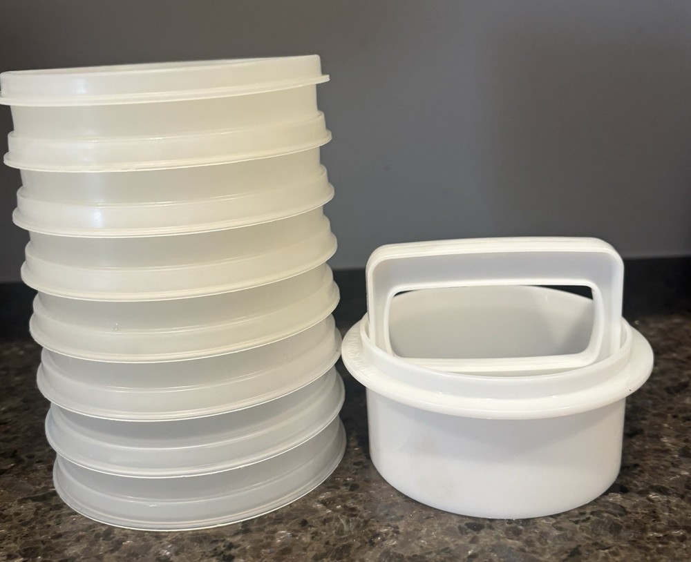 Tupperware Small Burger Hamburger Press Ring Set 7 Keepers & 1 Sheer Lid