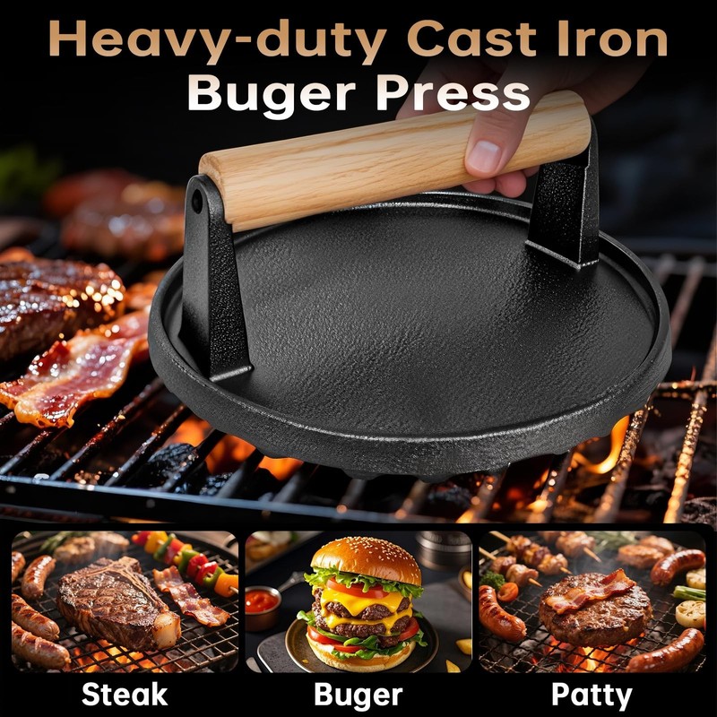 Smash Burger Press 6.9"Round 2.2 lb Heavy-Duty Cast Iron Hamburger Smasher Tool gallery