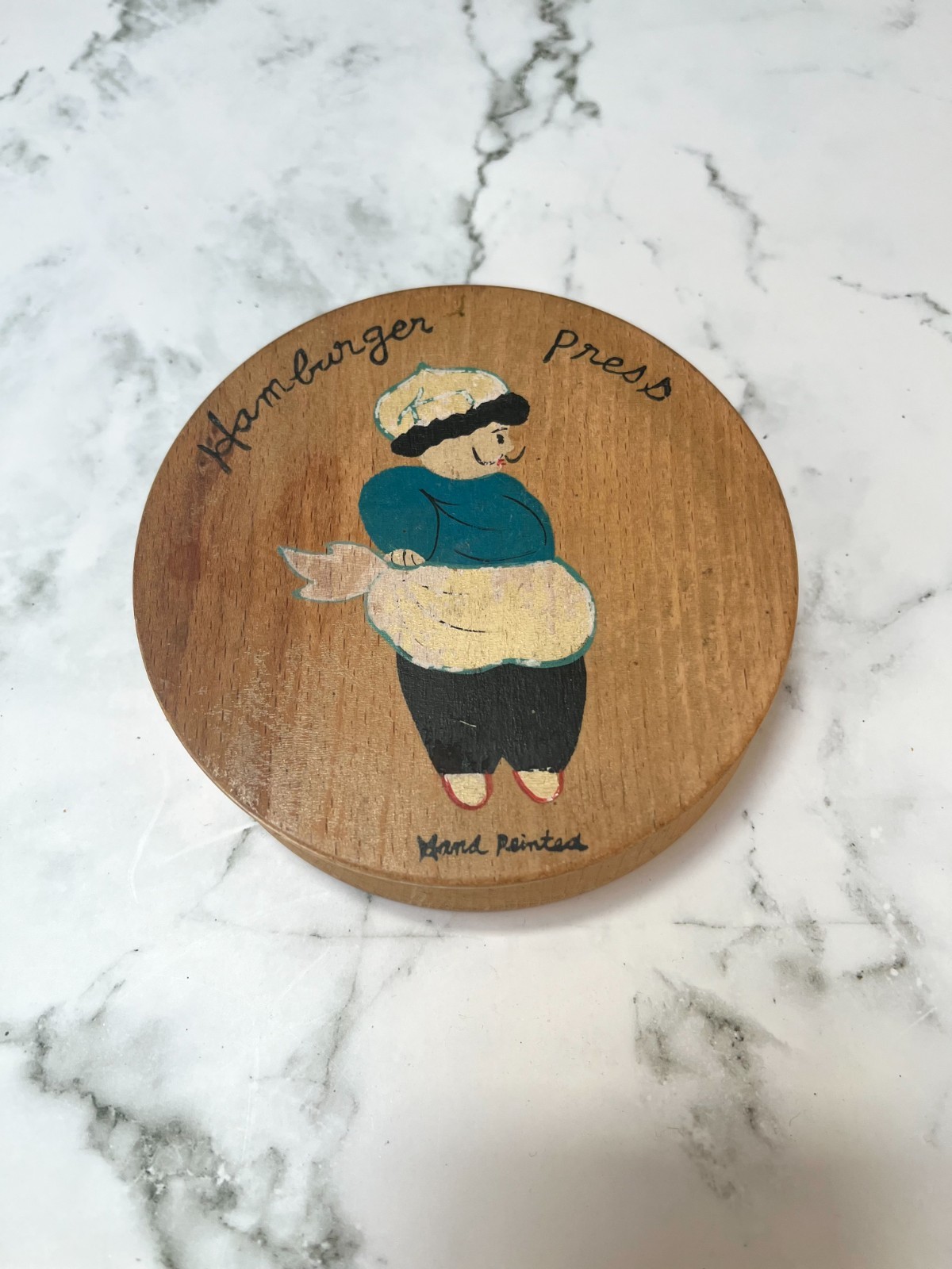 Vintage Mid- 20th Century Hand-painted Wooden Hamburger Press gallery