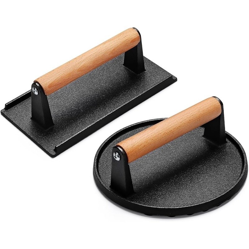 Food-Grade Cast Iron Burger Press W/ Wood Handle Easy Cooking & Grill Marks New gallery