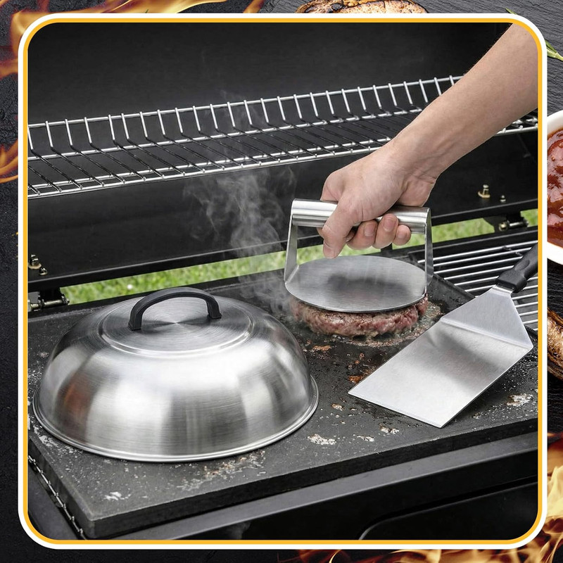 3 Pcs Smash Burger Kit 12" Cheese Melting Cover and 8.5" Burger Press with Grill gallery
