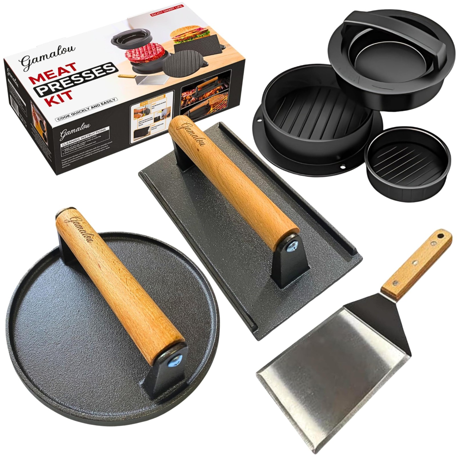 Gamalou® Smashed Burger Press BBQ Kit: 7" Black Round + Rectangle gallery