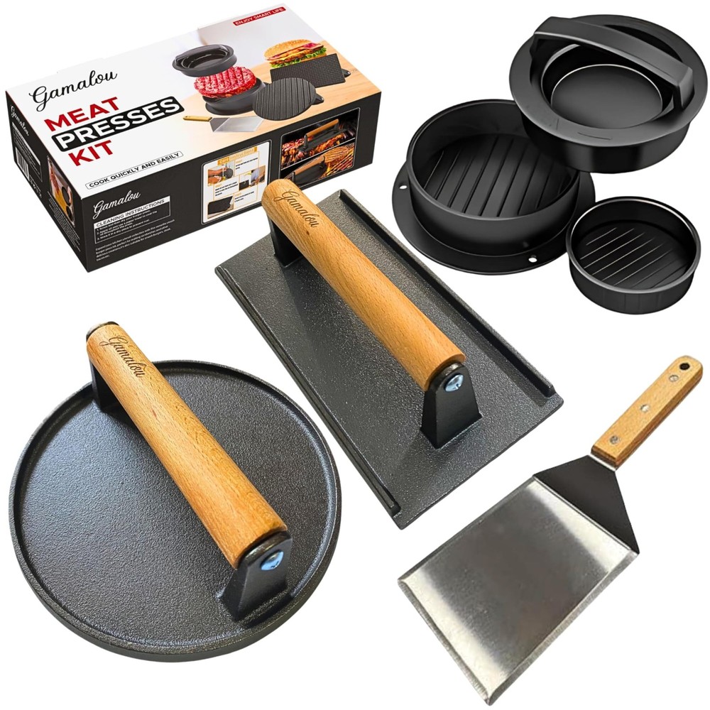 Gamalou® Smashed Burger Press BBQ Kit: 7" Black Round + Rectangle