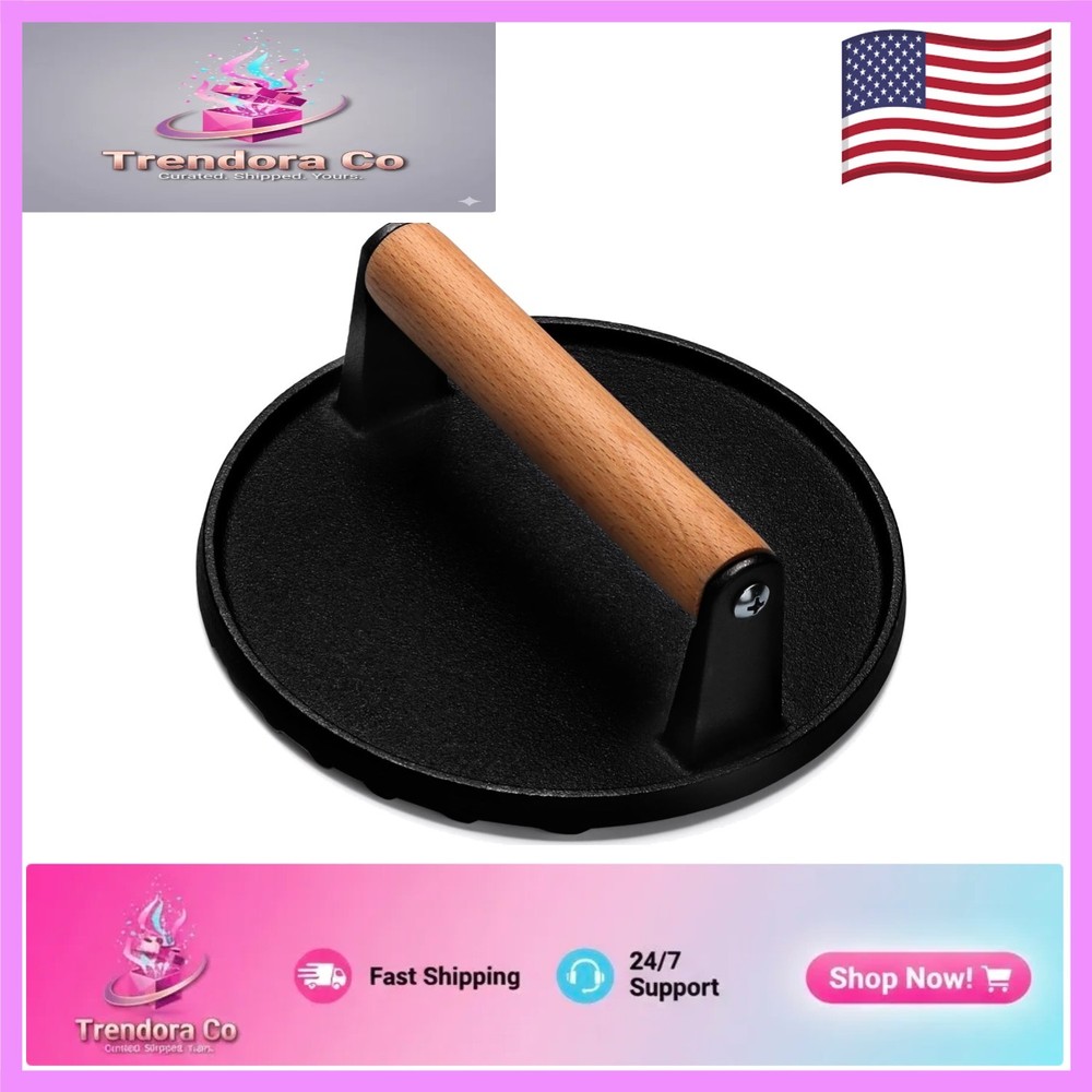 Heavy-Duty 7" Cast Iron Smash Press for Delicious Grilled Burgers and Sandwiches