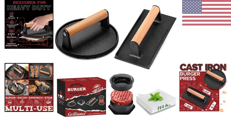 Durable Cast Iron Burger Press Kit - Achieve Juicy, Crispy Burgers Every Time gallery