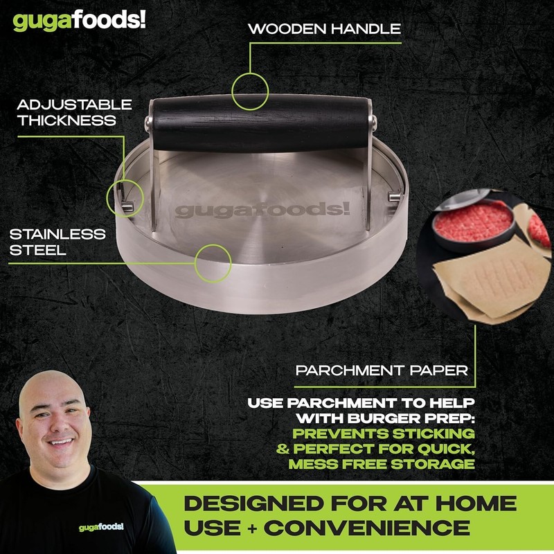 Guga Smash Burger Press 1/4", 1/2" Patty Maker - Stainless Steel & Wood Handle gallery