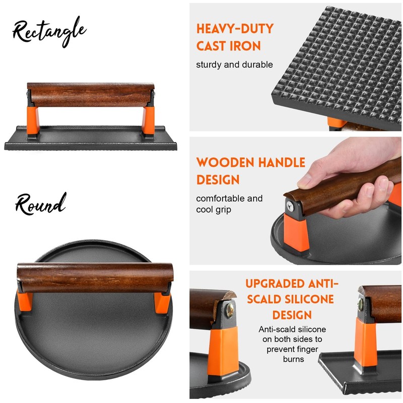 Cast Iron Burger Press Kit 7"Round and 8"x4"Rectangle Smash Set for Grill gallery