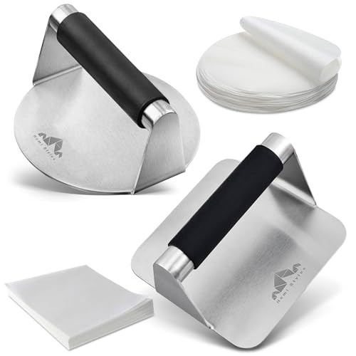 Stainless Steel Burger Press 5.5" Round & Square - Non-Stick Meat Masher + 100 P gallery