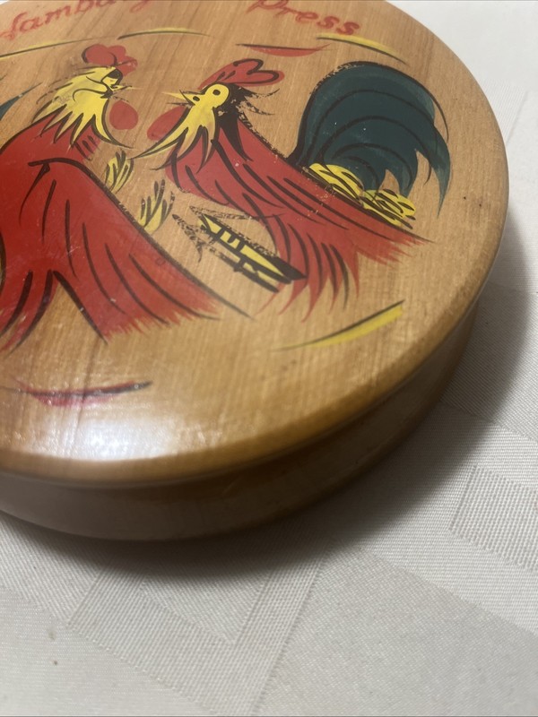 Vintage Wooden Hamburger Press Painted Roosters Made In Japan gallery